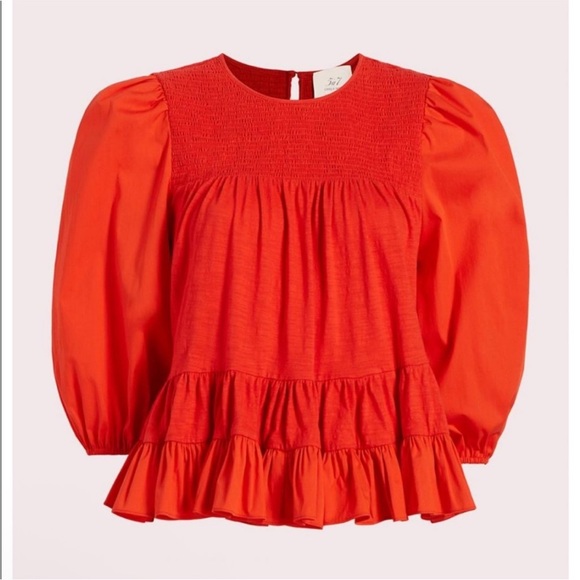 Cinq a Sept Adeline smocked puff sleeve Top in fire coral color - XS